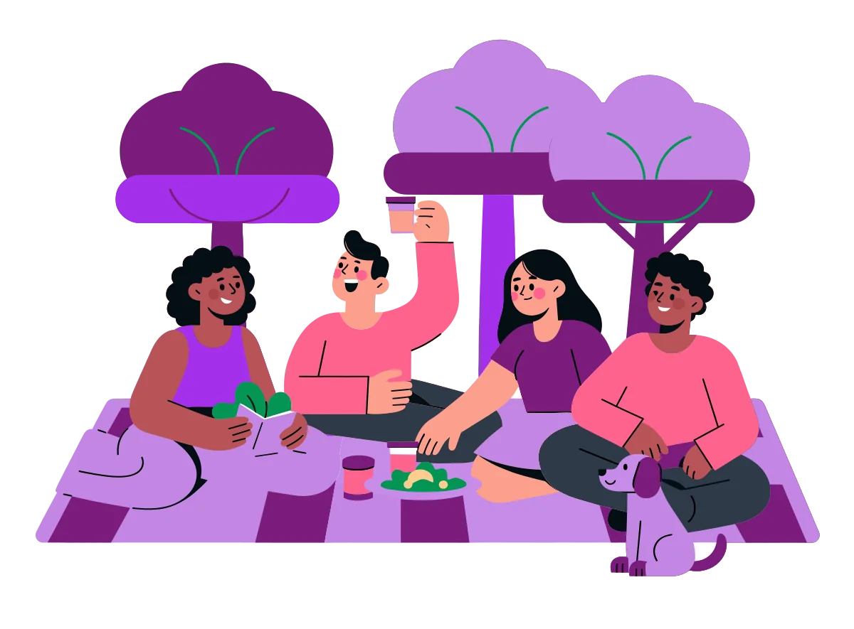 Four friends having a picnic in the park, one raising a cup in a toast, with a small dog nearby