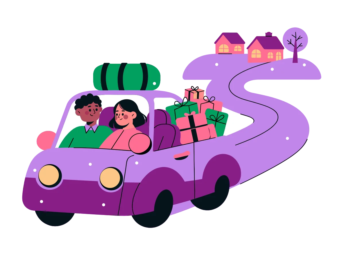 A couple in a small car packed with presents, driving along a winding road towards two cosy houses
