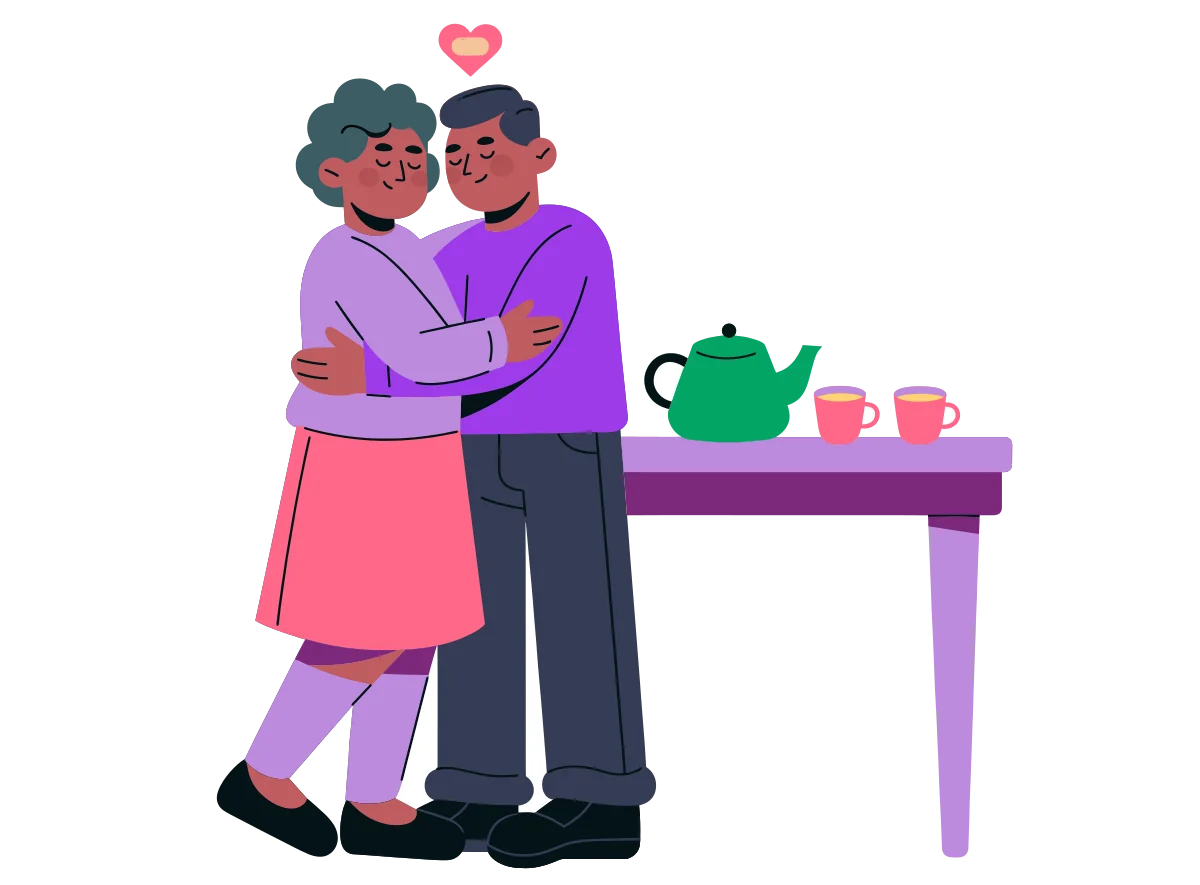 An older couple with grey hair hugging in a cosy kitchen, with a little heart wearing a plaster floating above them