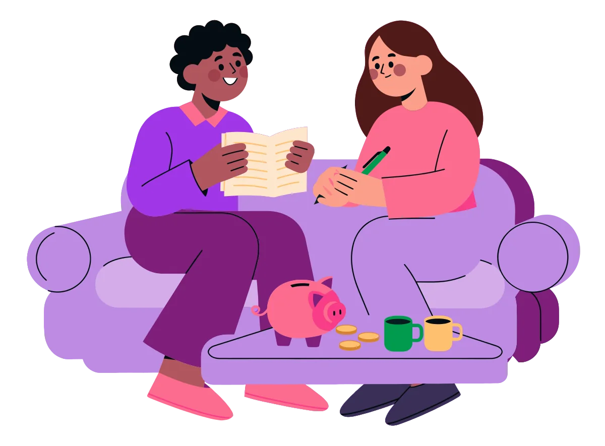 A couple on a sofa planning together with a notebook, with a piggy bank and two mugs on the coffee table