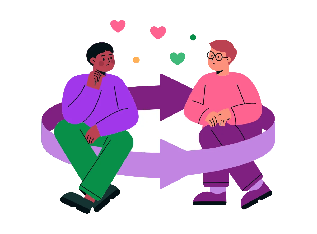 Two men sitting either side of a big looping arrow, looking at each other thoughtfully
