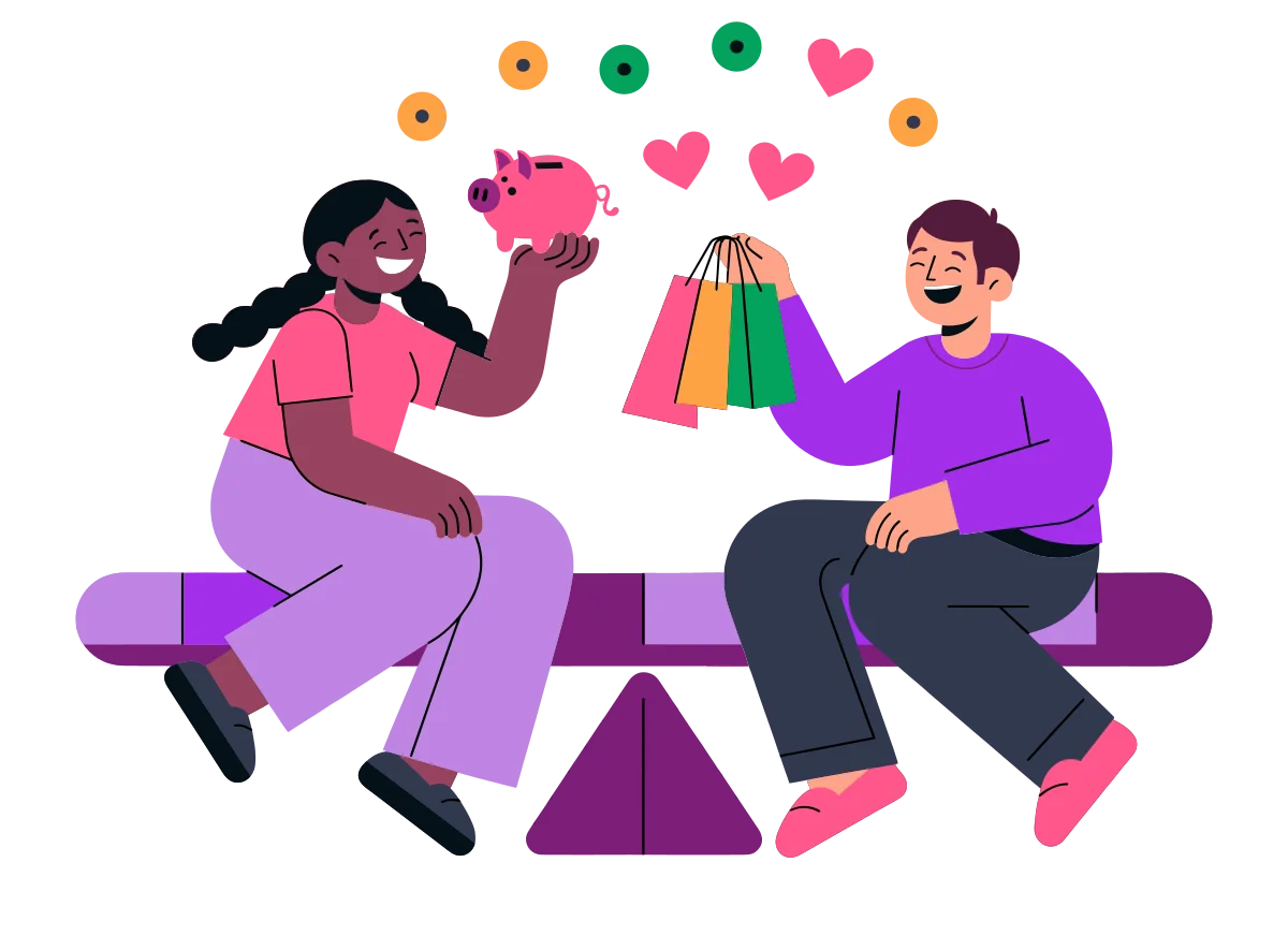 A couple laughing on a balanced seesaw, one holding a piggy bank and the other holding shopping bags