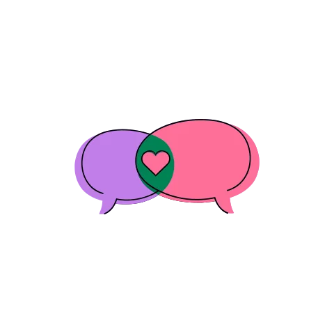 Two overlapping chat bubbles, one lavender and one pink, with a heart where they meet