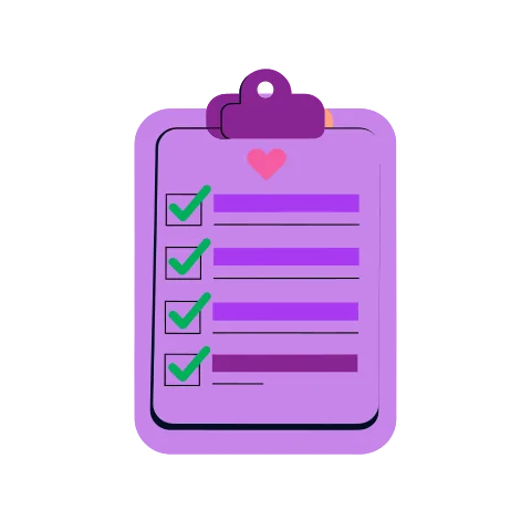 A clipboard with three ticked boxes and a little heart