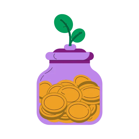 A jar of coins with a green sprout growing out of the top
