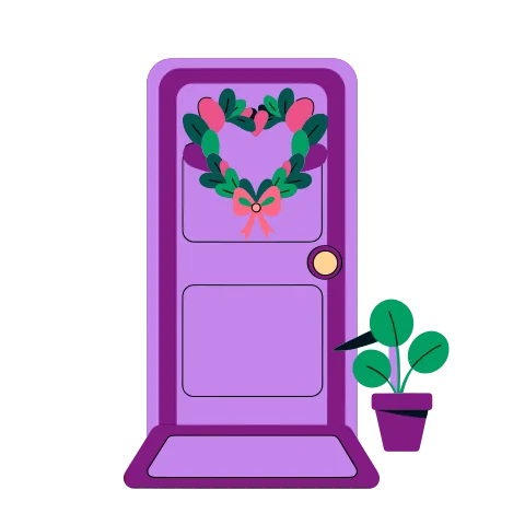 A front door with a heart-shaped wreath and a small plant