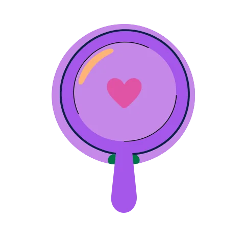 A round hand mirror reflecting a small pink heart