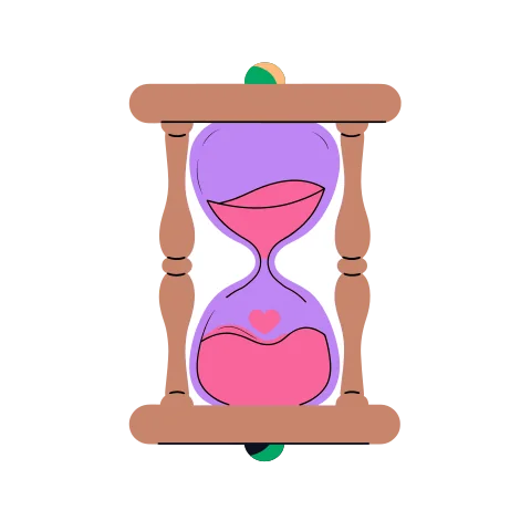 An hourglass with pink sand and a little heart