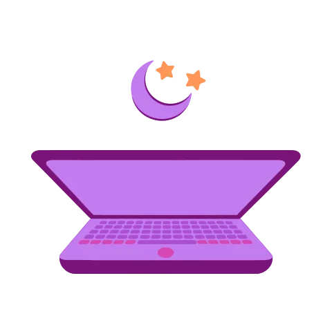 A laptop with its lid half closed under a crescent moon and stars