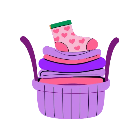 A laundry basket of folded clothes with a heart-print sock on top