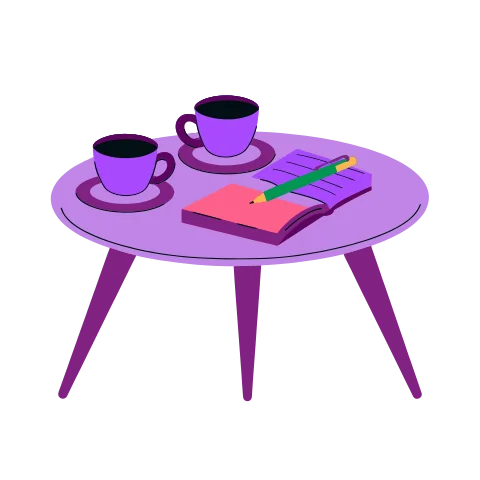 Two coffee cups beside an open notebook and a pen