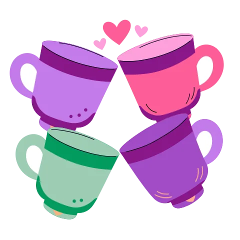 Four mismatched mugs clinking together in a toast