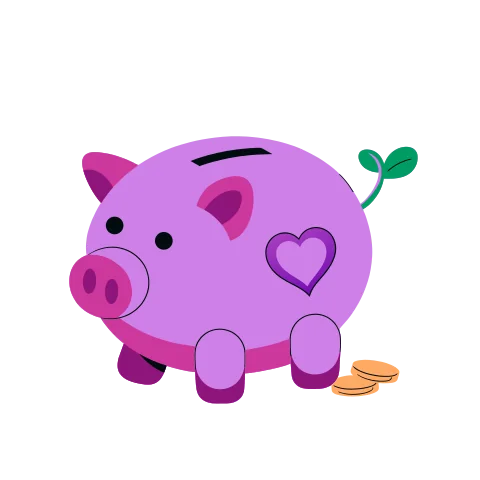 A pink piggy bank with a heart on its side and a few coins