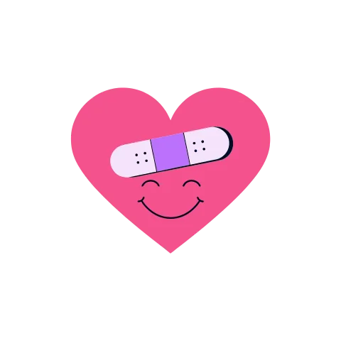 A smiling pink heart with a plaster across it