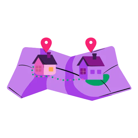 A folded map with a dotted path joining two little houses with heart pins