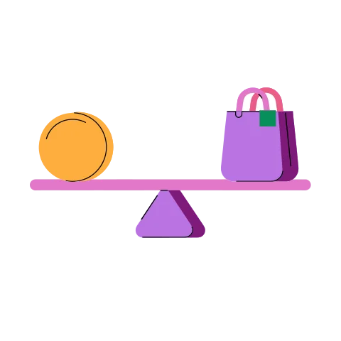 A seesaw balancing a gold coin and a shopping bag