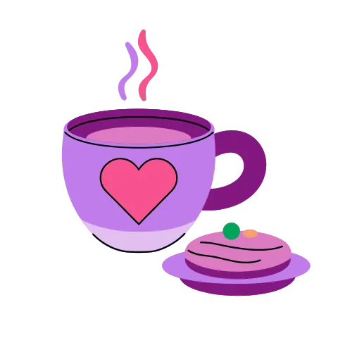 A mug of tea with a heart on it next to a biscuit