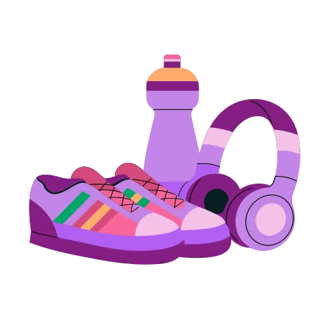 A pair of trainers next to headphones and a water bottle