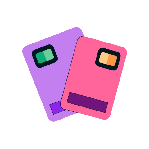 Two bank cards, one lavender and one pink, leaning together