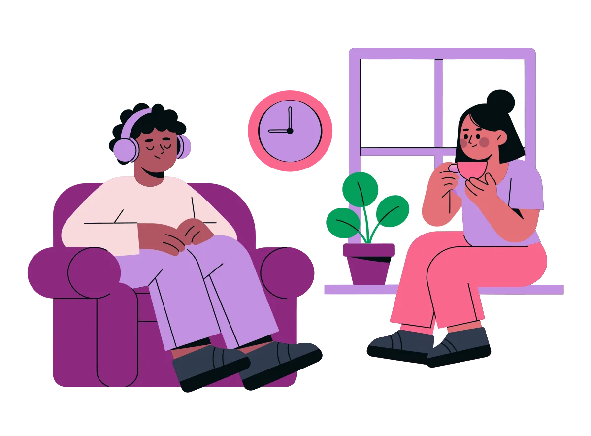 A couple resting in two corners of a living room, one with headphones in an armchair, one with tea by the window, a clock between them