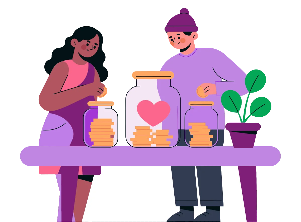 A couple dropping coins into three glass jars, with a big shared jar marked with a heart in the middle