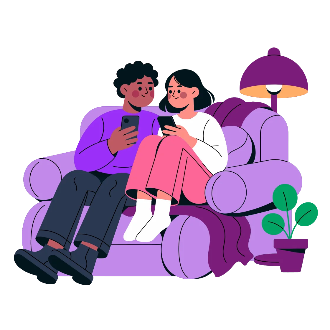 A couple on a cosy couch, each with their own phone, smiling at each other